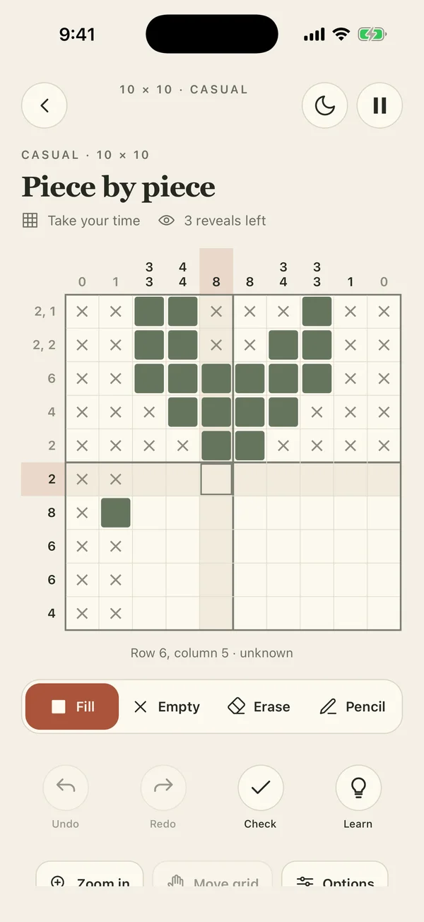 A partly solved Full Picture nonogram, with number clues, fill and empty tools, undo and a Learn hint.